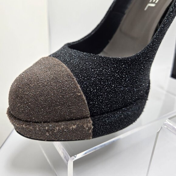 Chanel Platform Platform Pumps Sparkly Pebbled Texture Cap Toe Black/Grey 40 - Picture 13 of 16